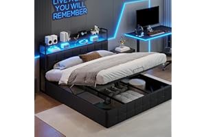 BRILVERDE Letto imbottito 160x200 con Contenitore idraulico, Letto matrimoniale a LED con USB, Funzionale con testiera, Struttura letto con rete a doghe, PU (Nero, 160 x 200 cm)