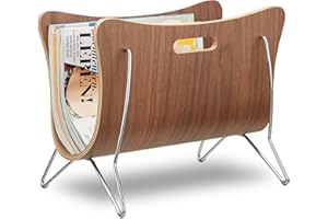 Relaxdays Revistero de Madera, Soporte Revistas, Cesta Periódicos, Diseño Moderno, Metal, 1 Ud, 30 x 37 x 25 cm, Marrón, Tablero de Fibras