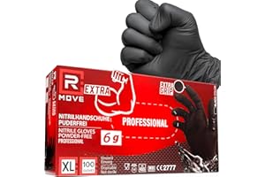 R MOVE 100 Einweghandschuhe Schwarz XL, Nitrilhandschuhe EXTRA BESTÄNDIG, einmalhandschuhe +60% Dicke, 6 gr, puderfrei & latexfrei, handschuhe einweg für Mechaniker, Tätowierer, Kosmetikerinnen (XL)