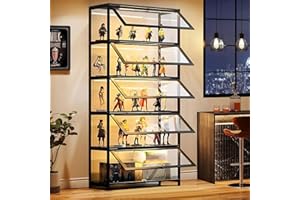 llekondkf 5-Tier Display Cabinet with Acrylic Glass Door, 165 cm High Display Case, Transparent Curio Cabinet&Bookcase for Collectibles, Books, for Playroom, Bedroom, Study Room (Black Flip Door)