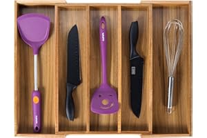 Utoplike Organizer per cassetti da cucina in acacia, espandibile, grande vassoio per utensili e posate, divisore regolabile per posate e coltelli