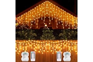 ZAIYW [2 Pack] Christmas Icicle Lights Battery Operated Outdoor LED Icicle Fairy Lights 2.4m 102 LED 18 Drops Clear Wire Remote 8 Modes Icicle String Lights for Garden Yard Xmas Patio Wedding (Warm White)