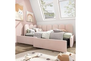 ‎MERAX Merax Polsterbett 90x200cm mit Schubladen, Tagesbett Einzelbett mit Lattenrost aus Holz, Funktionsbett Stauraumbett, Schlafsofa als Jugendbett & Kinderbett & Gästebett, Samt, Ohne Matratze, Rosa