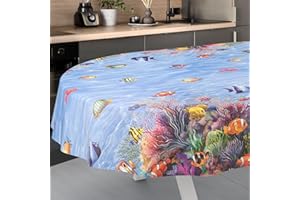 ANRO Nappe en Toile cirée Lavable, pour Table de Jardin, extérieur, intérieur, Ovale, Bord coupé, Motif Aquarium 200 x 140 cm