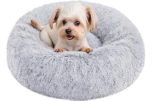 Feandrea PGW037G01 Fluffy Dog Bed, Cat Bed, Doughnut Cushion, Washable, Removable Padding, Long Plush, 50 cm Diameter, Light Grey