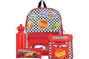 Disney Cars Ensemble de Sac à Dos 4 pièces | Lightning McQueen Sac à Dos Trousse Bouteille d'eau et Sac à déjeuner | Sacs à Dos pour Enfants pour l'école et Les Aventures