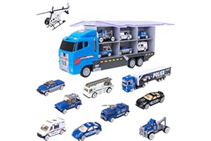 Teamsterz Samochód policyjny transporter zestaw zabawkowy, zabawka policyjna, samochody ciężarowe i pojazdy policyjne, zabawka do piaskownicy, wyrzutnia samochodów, przechowywanie i rampa, zabawka