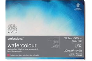 Winsor & Newton Carta per acquarello Professional, Grana Satinata, 300gr, Cotone 100%, Bianco Naturale, Priva di Acidi, 22,9X30,5CM, Blocco incollato 4 Lati, 20 fogli