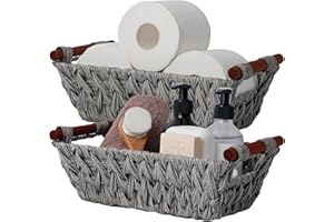 GRANNY SAYS Cestas Almacenaje Baño con Asas de Madera, Paquete de 2 Cestas Organizadoras, Cestos Mimbre Decoración, Cajas de Mimbre Tejida Apilable para Armarios de Cocina Estante Conjunto, Gris