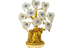 YU FENG Árbol de Dinero Azul contra el Mal de Ojo con Estatua de Buda Dorada Pintada con Flores Artificiales Blancas, decoración de protección para el hogar y la Oficina, Adorno Feng Shui