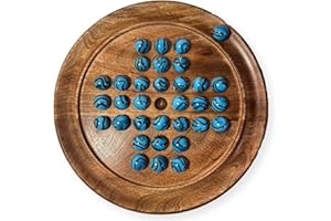 THORNESS 22cm Diameter wooden SOLITAIRE BOARD GAME with BRILLIANT BLUE BRONTOAURUS SWIRL GLASS MARBLES | classic wooden solitaire game | strategy board game | family board game | games for one | board games