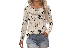 Rapbin Damska koszulka z długim rękawem, okrągły dekolt, sweter na jesień, fałdy, luźna, elegancka, luźna, damska, top, kwiaty, tunika, koszule