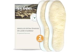 Hey Nature 2 paires semelles chaussures en laine d'agneau/semelle chauffante épaisse & naturelle/Semelles chaudes plus efficaces qu'une semelle chauffante rechargeable, Semelle thermique d'hiver