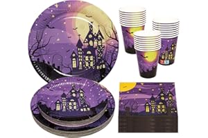 BFB Set di Piatti, Tovaglioli, Bicchieri di carta Halloween 96 pezzi Stoviglie per feste Casa stregata Piatti monouso, Viola