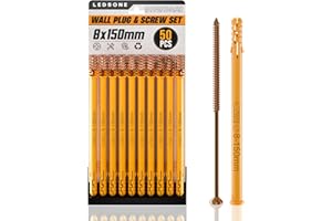 LEDSone 50 pcs Screws and Wall Plugs Set 8x150mm Masonry Brick Concrete Fixings Plugs Assortment Kit Plugs and Screws in Compartment Box Zinc Galvanized 3 Different Size