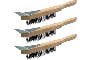 TDBS THE DUSTPAN AND BRUSH STORE Wooden Wire Brush Set – Heavy Duty 4 Row Steel Brush with Wooden Handle and Metal Scraper, Steel Wire Brush for Rust Removal and Abrasive Cleaning (Set of 3 Wire Brushes)