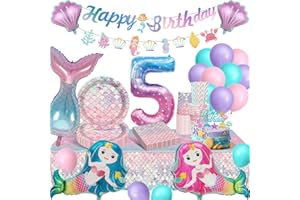 YIMAKJ Meerjungfrau Geburtstag Deko 5 Jahr, Meerjungfrau Kindergeburtstag Deko, Meerjungfrau Partygeschirr Set mit Pappteller Pappbecher Tischtücher Ballons für Geburtstagsdeko Mädchen 5 Jahr 16 Gäste