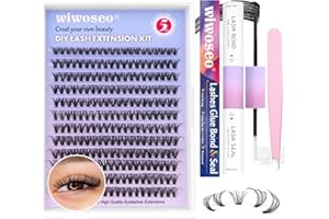 wiwoseo Individual Eyelashes Cluster Lashes Kit 240pcs Lash Clusters Individual Lashes Extension Kit Natural D Curl Russian Cluster Lashes with Lash Bond and Seal Lash Glue for DIY at Home(30p,8-16mm)