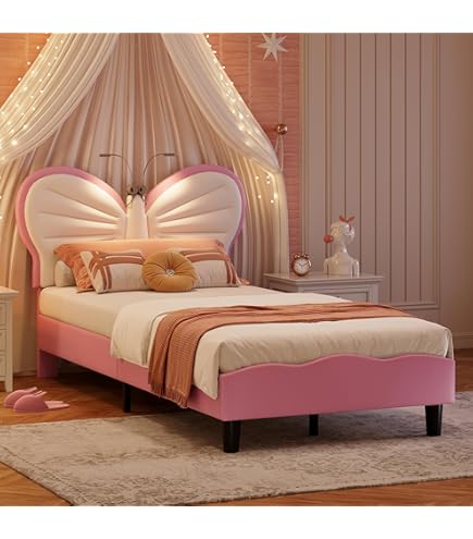 DAHUEN Kinderbett 90x200 - Prinzessinnenbett Mit LED Kopfteil | Höhenverstellbar & Kronen-Design