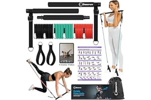 GOOCRUN Ensemble de Barres de Pilates et de Bandes de résistance avec poignées, Salle de Sport Portable à Domicile – Livré avec des Affiches et des vidéos de Fitness