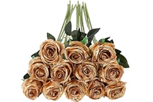 Tifuly 12 Rosas Artificiales, 19.68 Pulgadas de Tallo Largo de Seda Falsa Ramo de Boda Realista para el hogar, jardín, Fiesta, Hotel, Oficina (Rosas en Flor, Dorado)