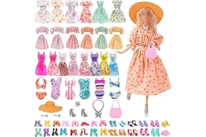 AOPIER 32 Pcs Fashionable Doll Clothes Outfits and Accessories Sets for Barbie Including 1 Top Skirt 4 Floral Dress 10 Slip Dresses 2 Swimsuits 10 Pairs Shoes for Girls Birthday Gifts