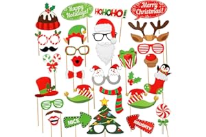 KALUOFAN Weihnachts Foto Requisiten,32 teiliges Set mit Weihnachts Selfie Requisiten und Partydeko,Weihnachtsrequisiten für Fotoshootings für Erwachsene Kinder, lustige DIY Party Requisiten für Weihnachtsdeko