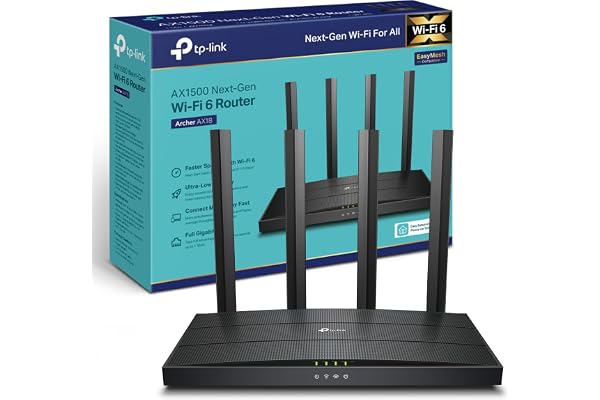 TP-Link WiFi 6-router, 1500 Mbps Dual Band AX WiFi-router, WiFi 6, 4 Gigabit-portar, 4 högpresterande antenner, OneMesh, WPA3, föräldrakontroll, inbyggt antivirus, (Archer AX18)