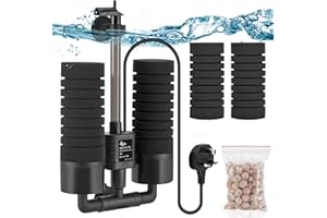 AQQA Aquarium Double Sponge Filter, 3W/5W Quiet Electric Power Fish Tank Filter, Submersible Foam Filter with 4 Sponges, 1 Bag of Bio Filtered Ceramic Balls (M)