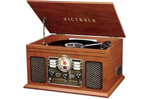 Victrola Nostalgic - Reproductor de discos Bluetooth 7 en 1 y centro multimedia con altavoces integrados, tocadiscos de 3 velocidades, reproductor de CD y casete, radio AM/FM, transmisión inalámbrica
