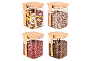 HUALIANG Kwadrat Słoiki na zapasy z pokrywką zestaw 4 sztuk, 950 ml pojemniki na zapasy z pokrywką, szklane słoiki Z łyżka, pojemniki na żywność ze szkła borokrzemowego, do kuchni, do kawy, zbóż