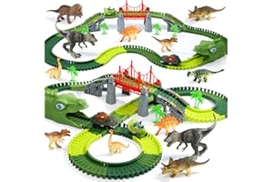 EagleStone Dinosaur Track Set for Kids – 225 PCS Flexible Race Tracks,1 Electric Dino Cars with Light, 8 Dino Figures, Dinosaur Head Tunnel,Christmas Birthday Gift for 3-8 Year Old Boys and Girls
