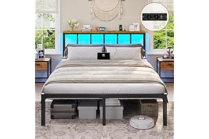 ‎BRINLAWB Brinlawb Bed 140 x 200 cm with Metal Slatted Frame, Bed Frame 140 x 200 cm with LED Lighting, Charging Station (2 AC Sockets, 2 USB Ports) Metal Bed 140 x 200 cm Double Bed with Headboard and Storage