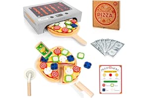 WOODMAM Wooden Pizza Toy, 50 PCS Play Food Pretend Play Set with Oven, Montessori Toy for 3+ Year Old, Educational Birthday Gift for Boys and Girls