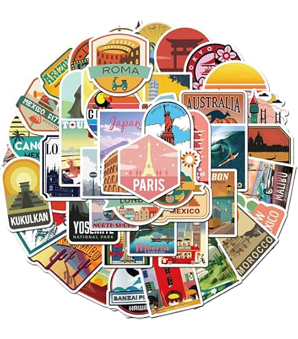 50 Autocollants Imperméables Motifs Voyage - Stickers Valise, Globetrotter, PVC, Pack En Vrac Décoratif - 5