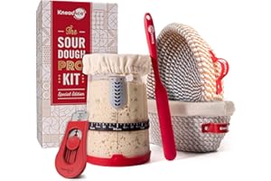 KneadAce Kit de démarrage au levain, pot de levain de 963,9 g, 2 paniers à pain en corde de coton, lame à pain pour marquer, cadeau pour les boulangers, fournitures de cuisson du pain au levain