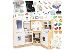 Mamabrum Corner Play Kitchen with Washing Machine, Lights and Sounds - Wooden Toy Kitchen Playset for Kids Age 3+ - Accessory Utensils and Running Water Circulation - 50-Piece Fruit & Veg Set