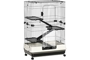 PawHut Klatka dla małych zwierząt Szynszyla, Świnka morska na kółkach - 3 poziomy, rampy, 2 drzwi + luka + wyjmowana tacka na odchody - metal PP czarny szary