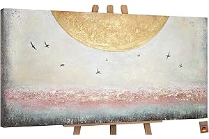 YS-Art Pittura acrilica su tela paesaggio marino Energia del sole Dipinta a mano paesaggio marino motivo estivo sole dorato 200x100 cm