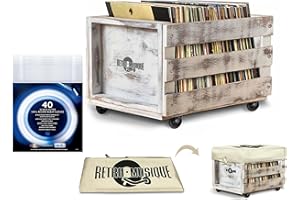 Retro Musique Wooden 12" LP Vinyl Record Aufbewahrungskiste auf Rädern Fasst bis zu 100 Alben (In PVC Sleeves) mit Hessian Cloth Cover beinhaltet 50 Vinyl Record Outer Sleeves(Weiß gewaschen Finish)