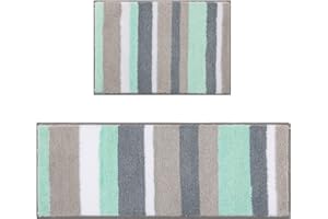 Pauwer Tapis de Toilette en Microfibre Tapis de Salle de Bains 2 pièces Tapis de Bain Absorbants Antidérapants Tapis de Bain Extra Longs Lavable en Machine(45X65+45X120cm,Vert/Gris)