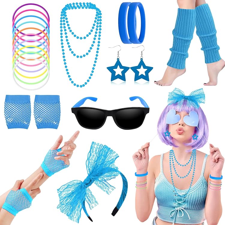 Volumoon Déguisement Années 80 – Accessoires Néon – Résille, Jambières, Bracelets, Lunettes – Fête Halloween, Carnaval