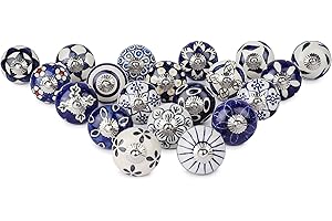 Ajuny Set da 20 Pomelli in Ceramica Blu e Bianchi Dipinti a Mano – Motivo Floreale, Finitura Lucida – Pomelli Decorativi per Mobili, Armadi e Cassetti di Cucina, Bagno, Comò e Credenza