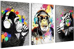 Novart Tableaux Decoration murale Banksy Collage Gris Coloré - PAS DE CADRE NÉCESSAIRE - Salon Chambre Loft XXL - N034536a