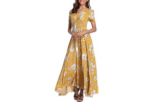 VOGMATE Femme Robe Chic Longue Col V à Fleur Manches Courtes en Coton Robe Maxi de Plage D'été Casual (S-2XL)