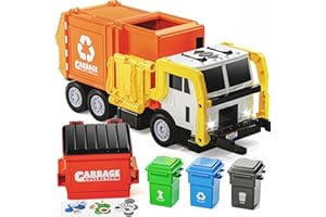 JOYIN Müllauto Spielzeug mit Lichtern und Sound,40cm Großer Müllwagen Spielzeug ab 3 4 5 6 7 Jahre,Müllabfuhr Auto Kinder mit Frontlader-Mülltonne, 3 seitlichen Mülleimern mit 30 Stück (orange)