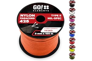 GO!elements Cuerda Paracord de Nylon Resistente al desgarro - 3mm Paracord 425 Tipo II líneas como Cuerda para Exteriores, Cuerda para Todo Uso - línea de Nylon MAX. 192kg