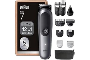 ‎BRAUN Braun All-in-One Series 7, 12-in-1 Multigroom, Barttrimmer, Nasenhaartrimmer, Haarschneidemaschine für Gesicht, Kopf und Körper, 120 Min Akku, 14 Längen (3–21 mm), Wasserdicht, AIO7545, Grau