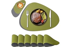 NOSTHEART Tischsets Abwaschbar 6er Set, Platzsets Abwischbar Tischsets Leder Rund Hitzebeständig rutschfest Platzdeckchen mit Untersetzer, Doppelseitigen - Grün Grau