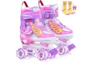 Hozzen Roller Skates for Kids - 4 Size Adjustable Light Up Quad Children Skates - Shiny Illuminating Children Roller Skates for Toddlers Beginner, Christmas and Holidays